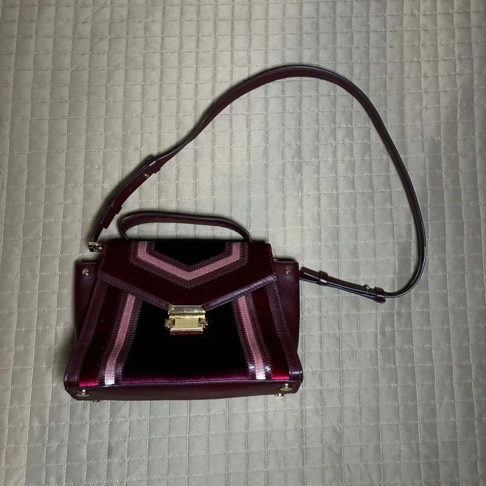 Michael Kors Whitney Medium Satchel Oxblood Velvet Leather Crossbody Handbag Bag